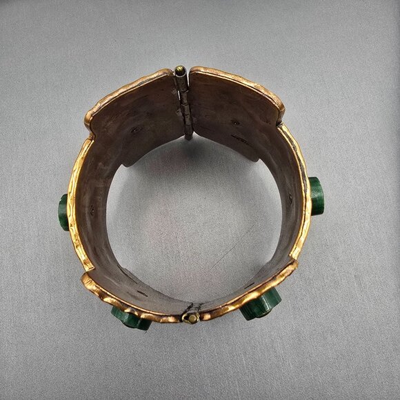 VTG Casa Maya Brutalist Copper & Malachite 2" Wide Cuff Bracelet 7" Mexico 99.8g - Picture 6 of 15